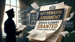 An Indian Armed Forces veteran in silhouette stands before an Armed Forces Tribunal building graphic, reviewing a large floating official document that reads "AFT Pension Judgment: Service Element Granted to Short-Service Veteran" alongside Regulation 183 legal text.