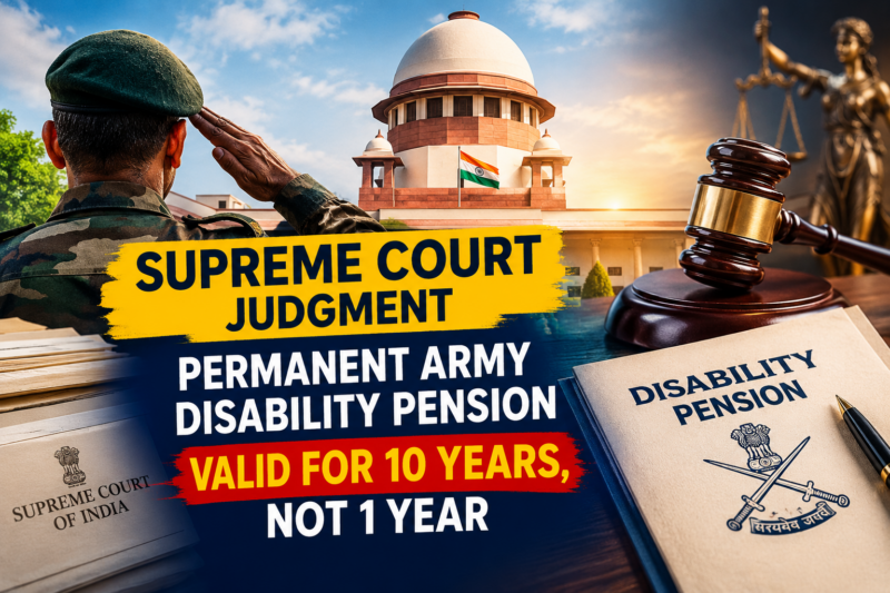 SC (उच्चतम न्यायालय) Judgment: Permanent Army Disability Pension Valid for 10 Years, Not 1 Year