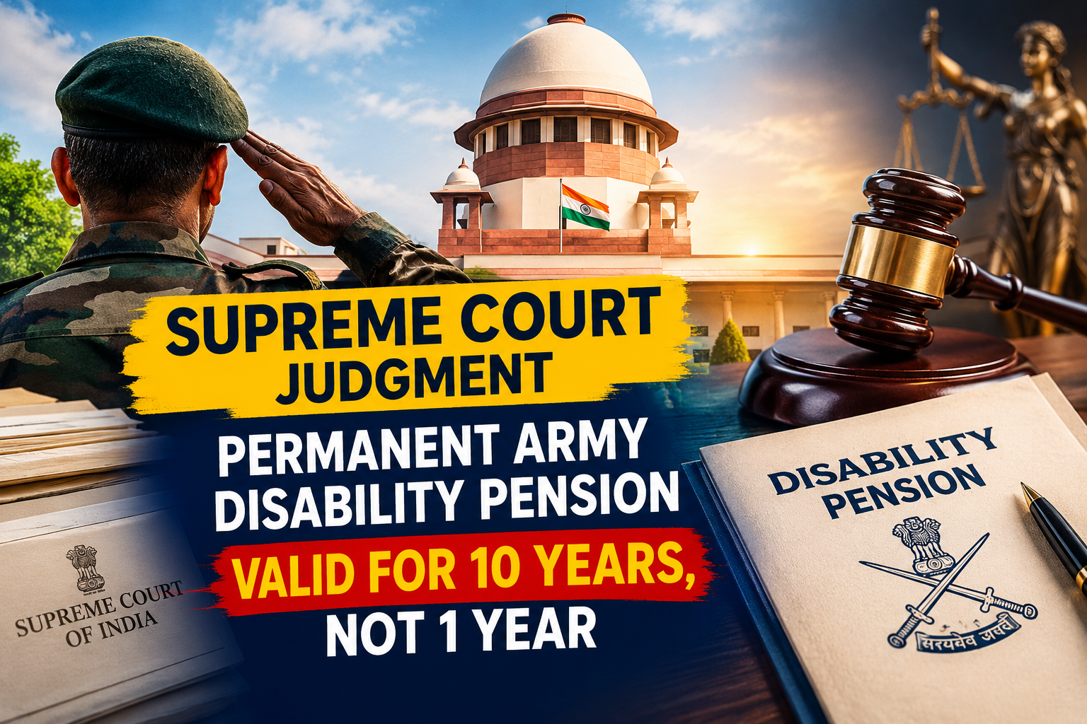 SC (उच्चतम न्यायालय) Judgment: Permanent Army Disability Pension Valid for 10 Years, Not 1 Year