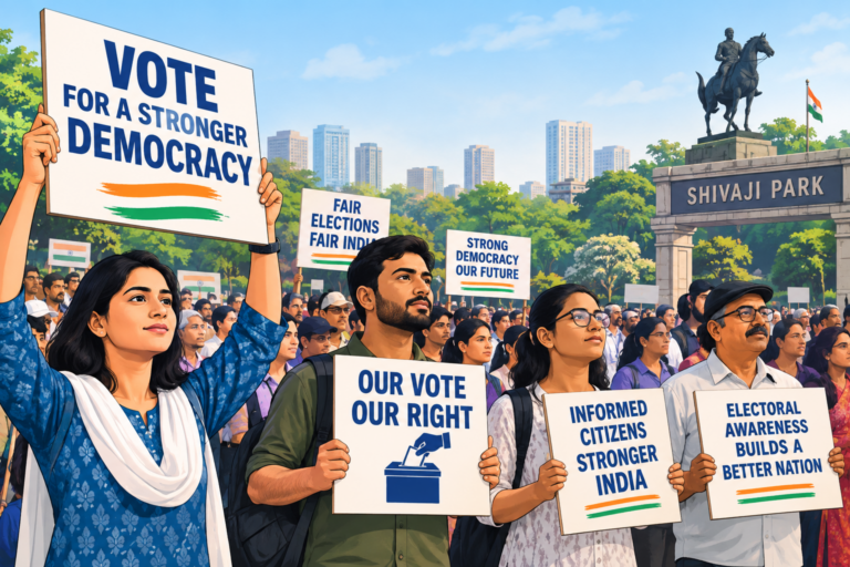 Thousands of demonstrators gathered at Shivaji Park in Mumbai during the CJP protest over voter list changes.