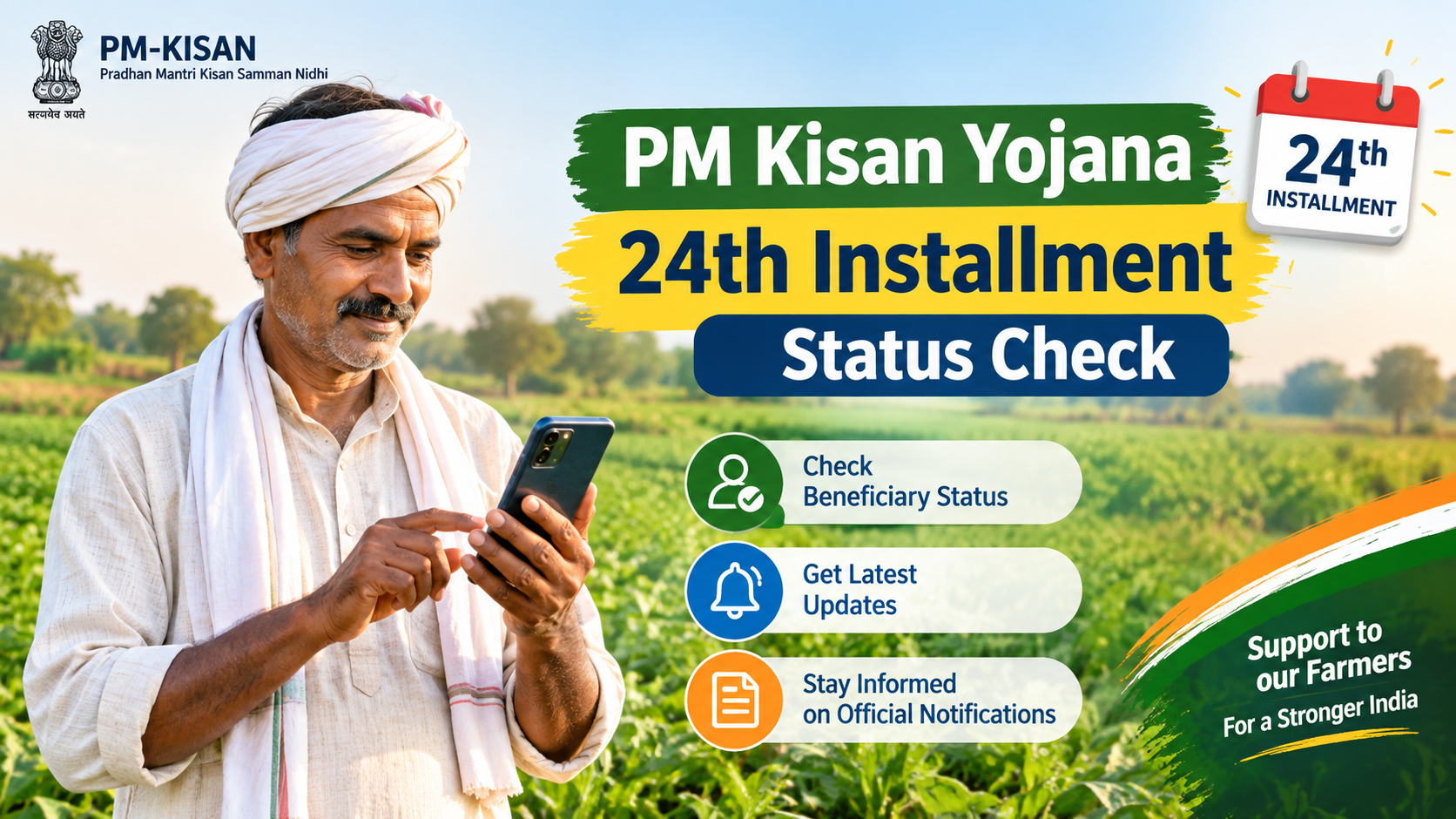 Indian farmer in an agricultural field checking PM Kisan scheme updates on a mobile phone.